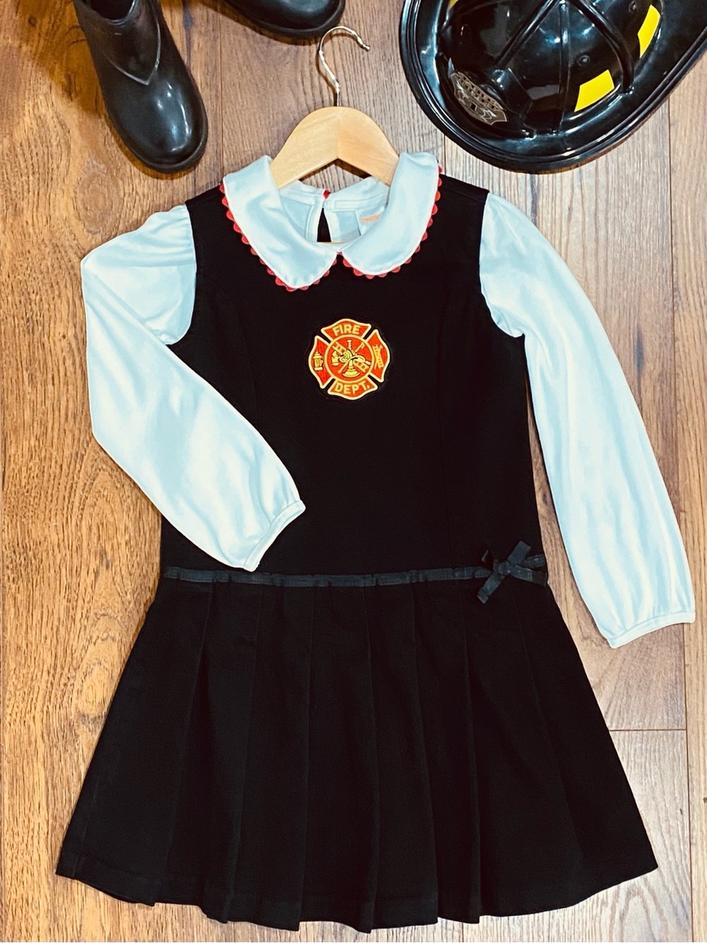 Modified Gymboree Girls Black Pleated Jumper with Fire Dept Patch + Top 5/6